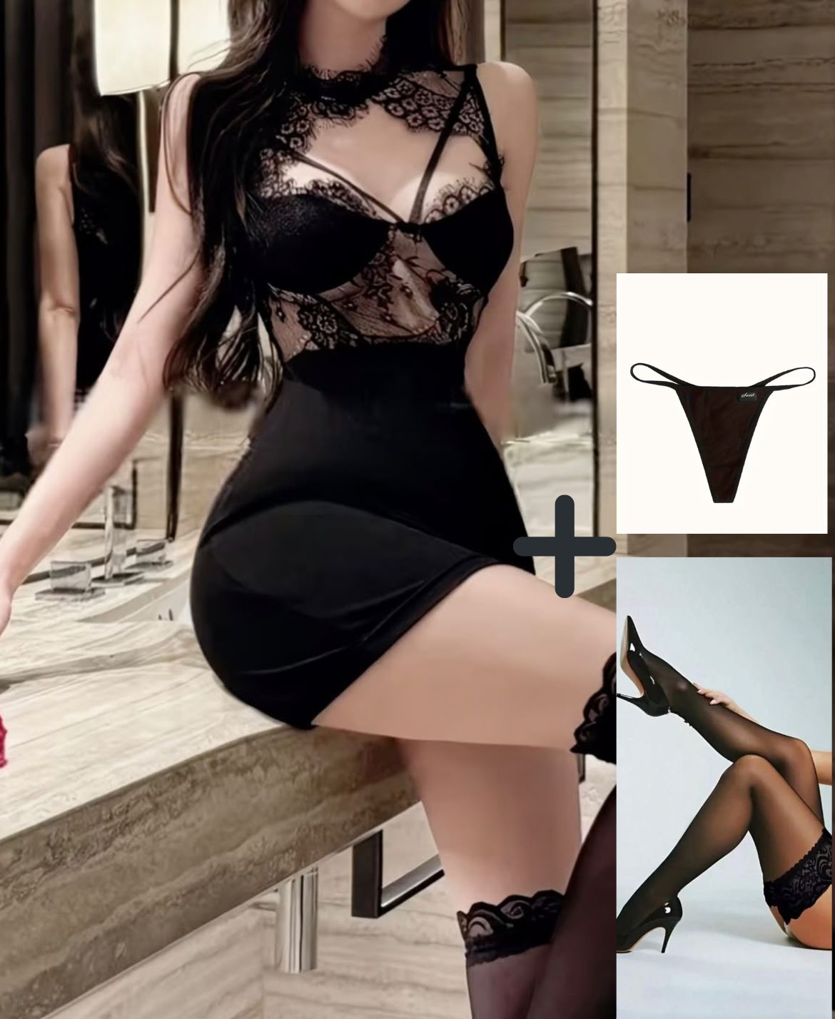 Robe Noire Sexy en Dentelle Transparente – Col Halter