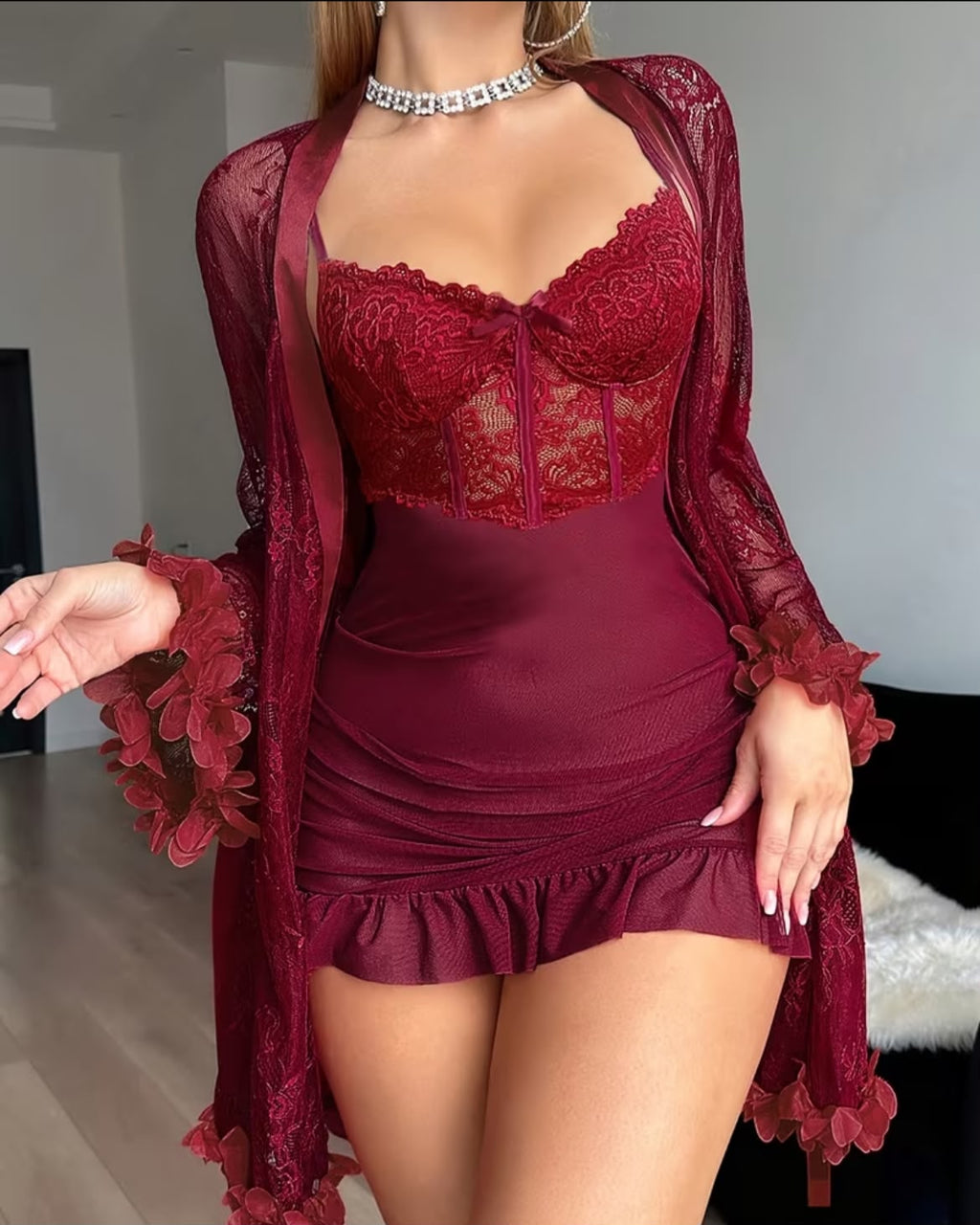 Ensemble de Nuit Femme 2 Pièces – Nuisette Sexy en Dentelle et Robe Transparente avec Nœud Satiné, Manches Longues et Finition Florale
