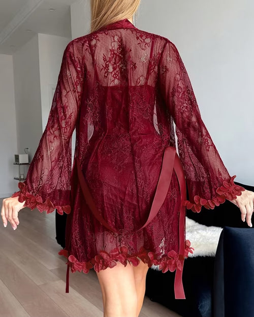 Ensemble de Nuit Femme 2 Pièces – Nuisette Sexy en Dentelle et Robe Transparente avec Nœud Satiné, Manches Longues et Finition Florale